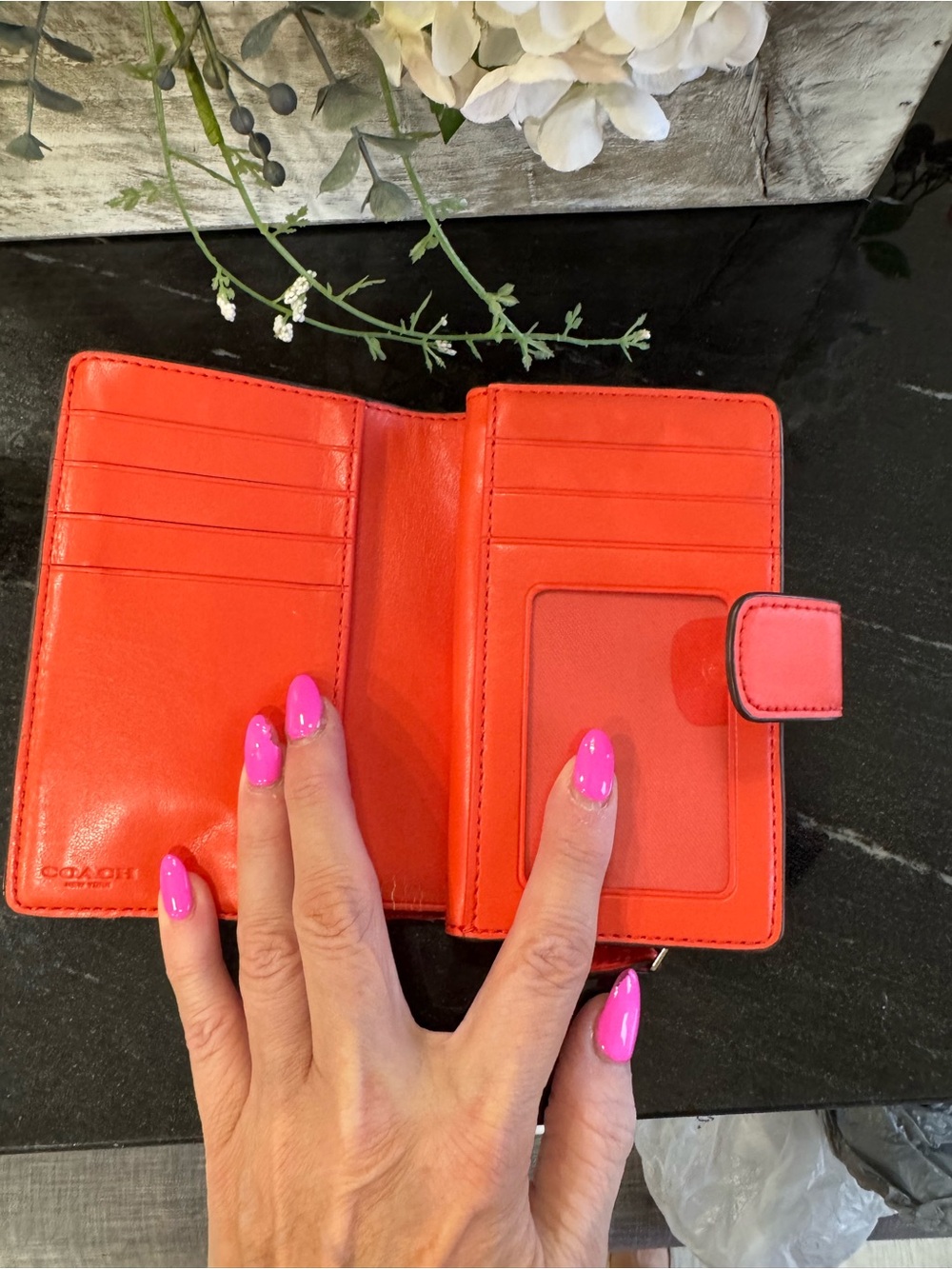 COACH Signature PVC Medium Snap Wallet Khaki Bright Coral Orange - Picture 10 of 10